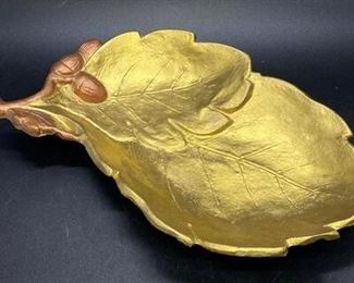 Vintage Mid Century Oak Leaf Acorn Metallic Painted Cast Metal Trinket Dish Tray