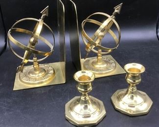 Brass Armillary Bookends Candlestick Holders
