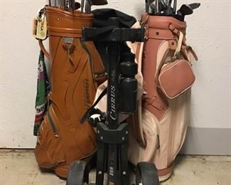 Golf Bags Clubs With Covers  His  Hers, And A Bag Cart