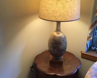 Round Wooden End Table With Very Large Ceramic Lamp