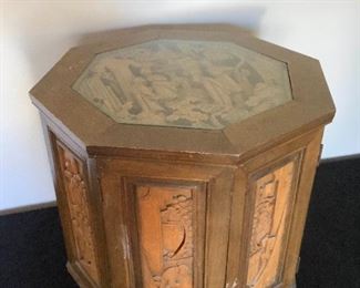 Carved Glass Top Teakwood Table