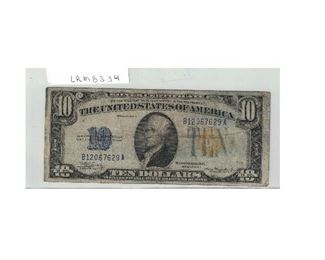 https://www.agesagoestatesales.com/product/lrm8334-us-10-1934a-silver-certificate-note-fr-1702/153	LRM8334 US $10 1934A Silver Certificate Note FR 1702			 $100.00 
