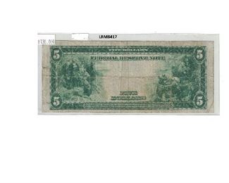 https://www.agesagoestatesales.com/product/lrm8417-us-5-1914-federal-reserve-bank-chicago-large-note-fr-871a/112	LRM8417 US $5 1914 Federal Reserve Bank Chicago Large Note FR.871A			 $130.00 
