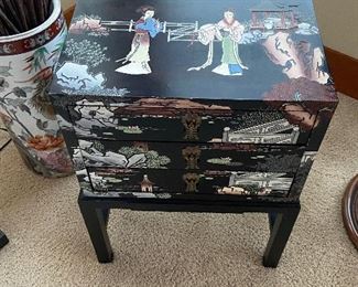 Coramandel three drawer jewelry chest on stand.  11"d x 17"w x 22"h.  $140