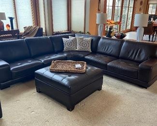 Leather ottoman is 38"sq. x 18"h $60 as found.