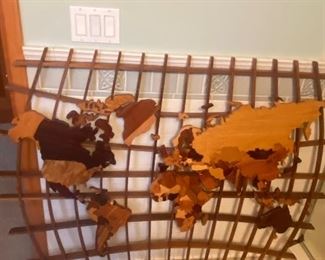 Hand carved map of the world by Scott Gielish.  53" x 43" x 3"d.   $350