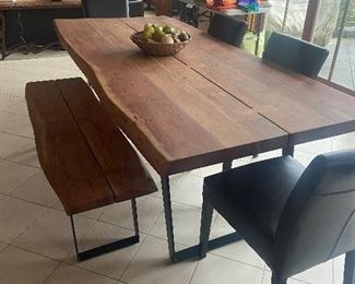 Custom table and bench 92.25"l x 41"w x 30"h Bench is 58"l x 16.5"w x 18"h.  Shown with four Crate & Barrel dining chairs. $3600 for the set.  Chairs can be separated if table and bench buyer does not want.  Table is priced for pickup after home has sold. Please ask.