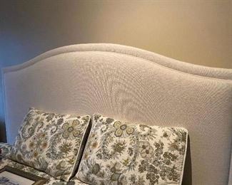 Close up of king sized upholstered headboard.  63'h x 80"w. includes tempurpedic mattress set.  $240 priced to sell once home has sold.