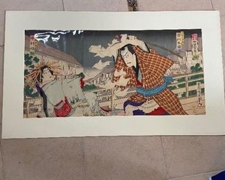 Wood block late 1800's to early 1900's Kabuki print $250.   34"w x 20" outside measurement.