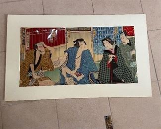 Wood block late 1800's to early 1900's Kabuki Theater Dancer   $250.  34"w x 20" outside measurement.