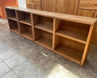 $400    SET OF 2 LOW PROFILE SOLID OAK BOOKCASES
Mid-century streamlined details with weighty shelves make these pieces a great storage or display option for any decor or room.  Sturdy solid shelving.
DETAILS + DIMENSIONS:
47L x 10W x 30H inches each
CONDITION: These are authentic Mid Century pieces and show only minor signs of wear to be expected with use and age. Please refer to photos for a more detailed look at condition.  We make every attempt to list and photograph any defects or signs of wear that are significant to this sale. 
LOCAL PICKUP MCLEAN, VA. BUYER IS RESPONSIBLE FOR ANY NECESSARY DISASSEMBLY AND ALL COSTS ASSOCIATED WITH SHIPPING OR PICK UP.  PLEASE CONTACT US FOR SHIPPING RECOMMENDATIONS.