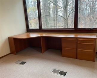 $3000  REDUCED TO $2400  4 PART JESPER TEAK EXECUTIVE DESK W/ RIGHT RETURN, 2 & 3 DRAWER FILING CABINETS
Danish Mid Century Modern vintage modular 4 piece teak executive desk set featuring a corner desk, right return, a 2 drawer filing cabinet and a 3 drawer cabinet.  Both cabinets fit snugly under the right return or can be positioned elsewhere for a different configuration depending upon your space and preference.  These pieces are manufactured by Jesper International, signed made in Denmark, circa 1960s - 1970s
DETAILS + DIMENSIONS:
corner desk - 48L x 42D x 28H inches
return- 71 x 24 x 2H inches
file cabinets 18.5w x 19d x 27H inches
CONDITION: Every piece is in very good condition.  This is an authentic collection of Jesper furniture with only minimal signs of wear to be expected with use and age.  Please refer to photos for a more detailed look at condition.  We make every attempt to list and photograph any defects or signs of wear that are significant to this sale. 
LOCAL PICKUP