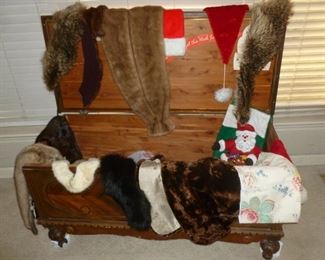 Vintage cedar chest with old furs, etc.