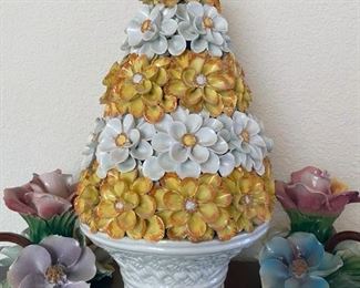 Yellow and white, daisy, porcelain topiary (Capodimonte-style, Made in Italy mark)