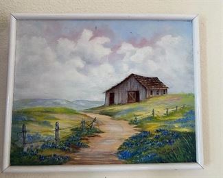 Framed Bluebonnet Painting with Rustic Barn