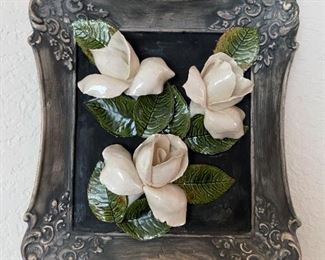 Framed, white rose, porcelain wall hanging (Capodimonte-style)