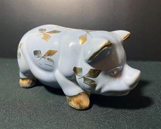 USA made 1950s baby blue piggy bank with gold filigree / ivy
