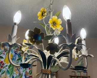Vintage, wrought iron, Italian, tole, floral chandelier