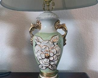 Mid-Century Hand Painted Porcelain Gold Opal and Green Table Lamp