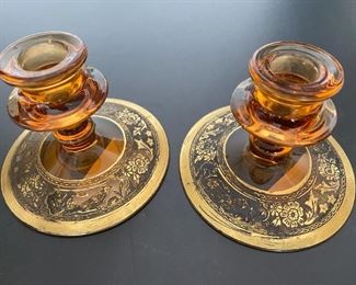 Vintage Amber Glass Candlesticks