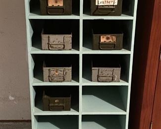 Storage Shelves with Card Catalog Drawers