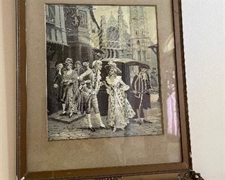 Framed black/white print colonial man/woman