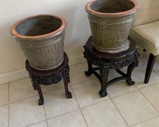 Pair black marble top planter stands & Modern ceramic green planters