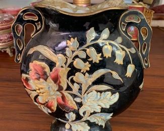Signed black gold flower vase