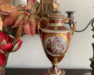 Covered urn - red gold w/scenes