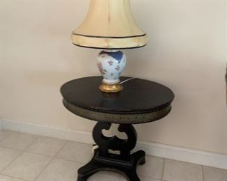 Pair of antique lamps with original shade & wood inlaid table