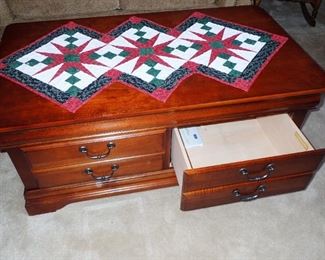 HANDMADE QUILTED RUNNERS & ASSORTED -- CHERRY COFFEE TABLE WITH DRAWERS
