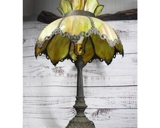 Antique Victorian Gothic Yellow Green Orange Slag Glass Table Lamp
