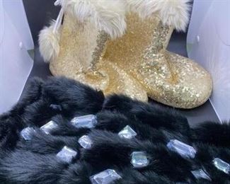 Gold Sparkle Sequined Furry Boots with Rhinestone Decorated Leg Warmers