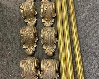 Matching Set of Gold Painted Curtain Rods with Decorative Wall Brackets