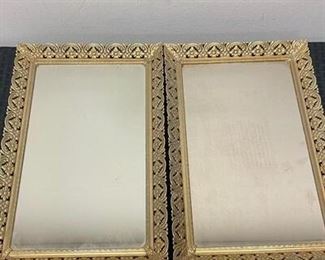 Pair of Brass Edge Hollywood Regency Style Mirrored Vanity Perfume Tray