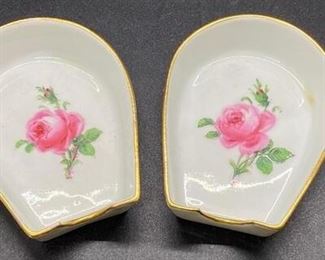 Pair of Vintage Meissen Pink Rose Utensil Resting Dishes