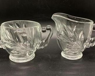 Pair of Vintage Thick Glass Leaf Design Sugar Bowl and Creamer Pitcher