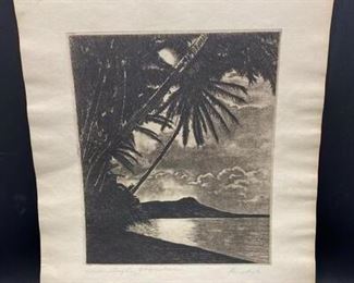 Unframed Etching Moonlight Honolulu by Artist Burdge
