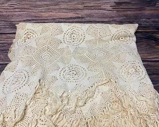 Vintage Antique Crochet Fringed Star Pattern Table Cloth