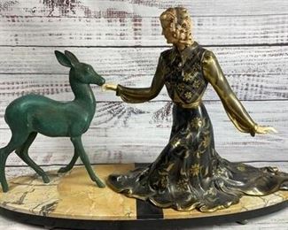 Vintage Bronze Art Deco Nouveau Sculpture Woman with Deer Celluloid Carved Hands Head
