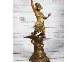Vintage Bronze Metal Statue of Mythological Warrior Woman Flying on Eagle Art Deco Statue Figurine