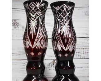 Vintage Cranberry Red Cut to Clear Bohemian Czech Hurricane Vase Candle Holder Pair