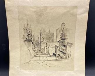 Vintage Etching California Street In San Francisco Payne Unframed Art