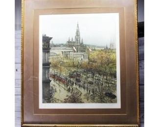 Vintage Framed and Signed Art Print of the Parliament Building City Hall of Vienna Austria