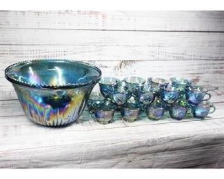 Vintage Indiana Glass Harvest Grape Turquoise Blue Carnival Glass Punch Bowl w Cups