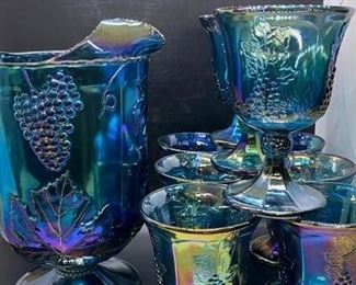 Vintage Indiana Glass Turquoise Blue Carnival Water Pitcher with 9 Matching Goblets Harvest Grape