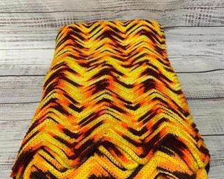 Vintage Retro Yellow Orange Brown Zig Zag Crochet Knitted Blanket
