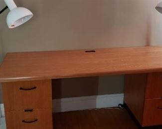 Light Wood Desk, Pair of Floor Lamps