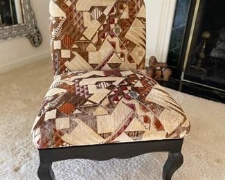 Pair of velvet upholstered slipper chairs with ebony frames. Each measures 24" W x 24" D x 32" H. Photo 1 of 3. 