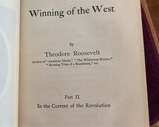 First Edition Theodore Roosevelt leather-bound book collection.  The set includes 14 books -- THE WILDERNESS HUNTER, AMERICAN IDEALS, THE WINNING OF THE WEST (missing volume 3), HUNTING THE GRIZZLY, HUNTING TRIPS ON THE PRAIRIE, HUNTING TRIPS OF A RANCHMAN, THE ROUGH RIDERS, ADMINISTRATION/CIVIL SERVICE, and THE NAVAL WAR OF 1812 in 2 volumes. Photo 2 of 3. 